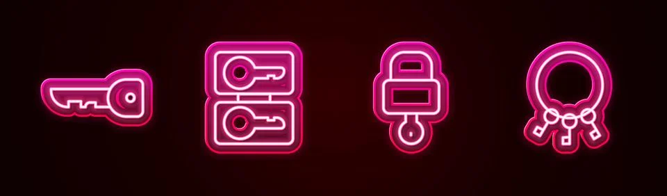 Set line Key, Casting keys, Lock and and Bunch of. Glowing neon icon. Vector Stock Illustration