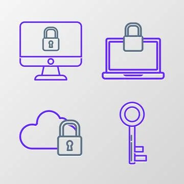 Set line Key, Cloud computing lock, Laptop and and Lock on computer monitor Illustrazione stock