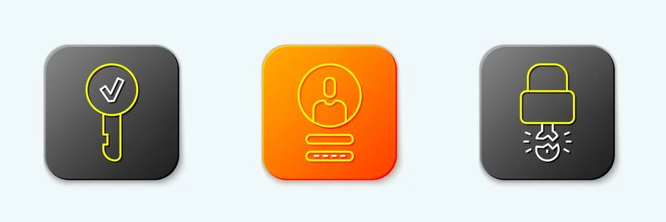 Set line Key, Create account screen and broke inside of padlock icon. Vector Stock Illustration
