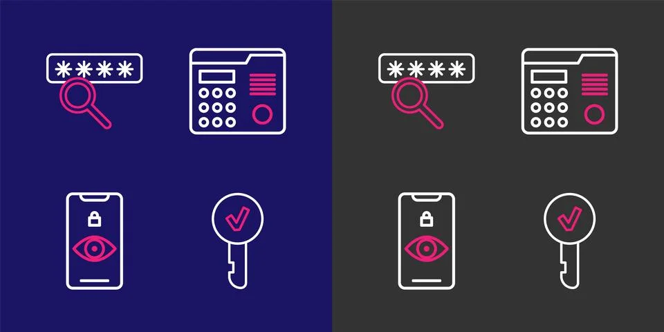 Set line Key, Eye scan, House intercom system and Password protection icon... 스톡 일러스트