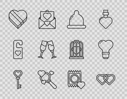 Set line Key in heart shape, Two Linked Hearts, Condom, Search and love, Candy Stock-Illustration