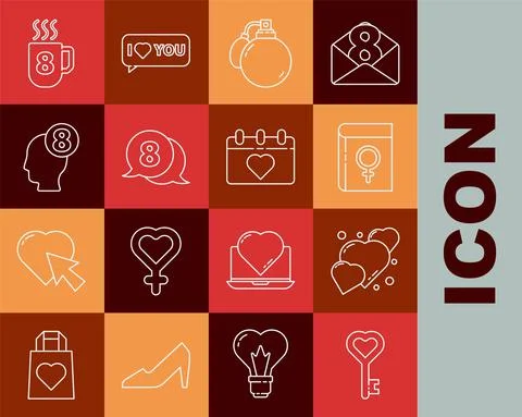 Set line Key in heart shape, Heart, Book about women, Perfume, 8 March speech Ilustração Stock