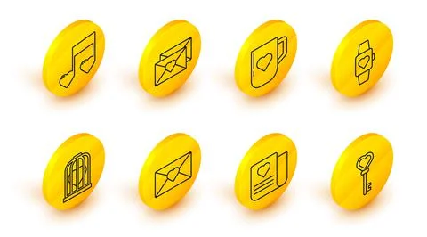 Set line Key in heart shape, Envelope with Valentine, Heart the bird cage Stock Illustration