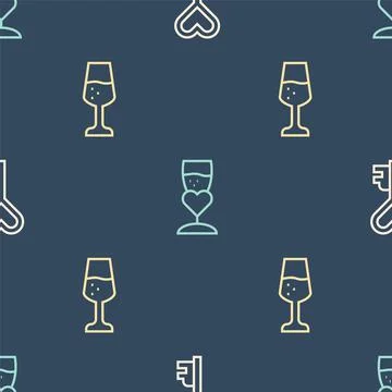 Set line Key in heart shape, Glass of champagne and on seamless pattern. Vector Illustrazione stock