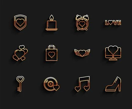 Set line Key in heart shape, Romantic music, Heart with shield, Music note, t Stock Illustration