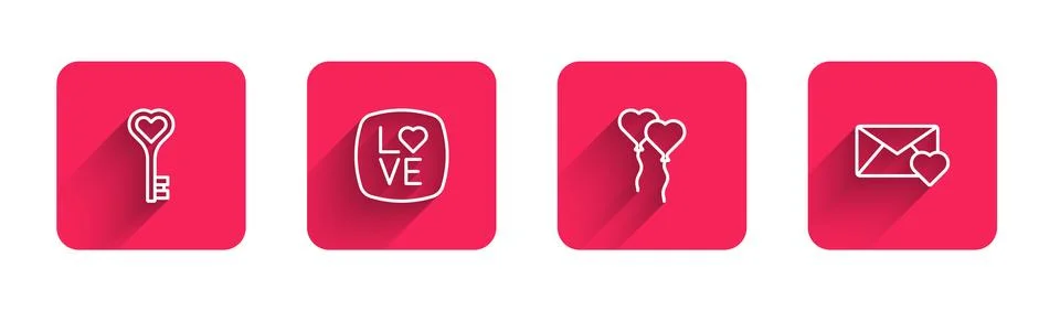 Set line Key in heart shape, Love text, Balloons form of and Envelope with Illustrazione stock
