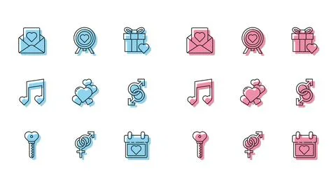 Set line Key in heart shape, Gender, Envelope with, Calendar, Heart, Male gender Stock Illustration