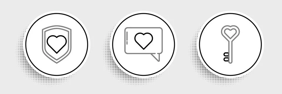 Set line Key in heart shape, Heart with shield and Like and icon. Vector Stock Illustration