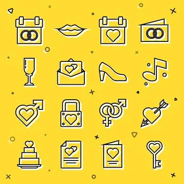Set line Key in heart shape, Amour with and arrow, Music note, Calendar Stock Illustration