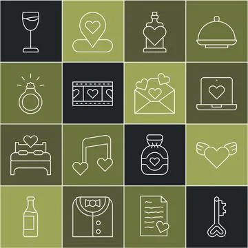 Set line Key in heart shape, Heart with wings, Dating app online, Bottle love Stock Illustration