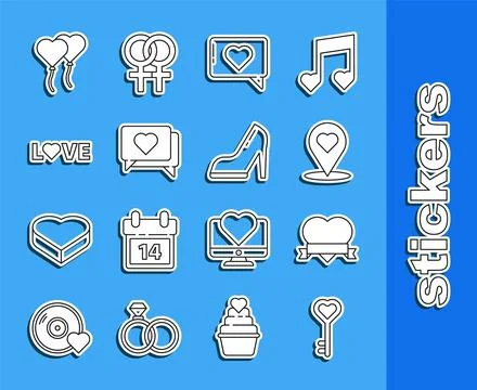 Set line Key in heart shape, Heart and ribbon, Map pointer with, Like, Love text Stock Illustration