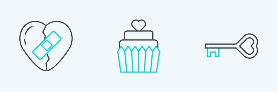 Set line Key in heart shape, Healed broken and Wedding cake with icon. Vector Stock Illustration