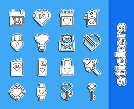 Set line Key in heart shape, Search and love, Candy shaped box, Gift with, .. Stock Illustration