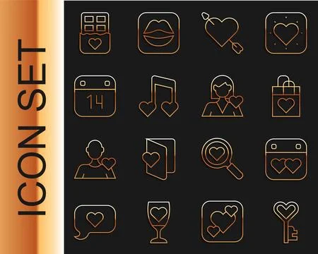 Set line Key in heart shape, Calendar with, Shopping bag, Amour and arrow, .. Ilustração Stock