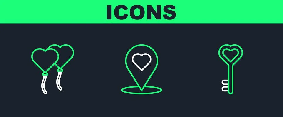 Set line Key in heart shape, Balloons form of and Map pointer with icon. Vect Stock Illustration
