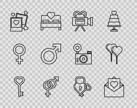 Set line Key in heart shape, Envelope with Valentine, Cinema camera, Gender.. イラスト素材