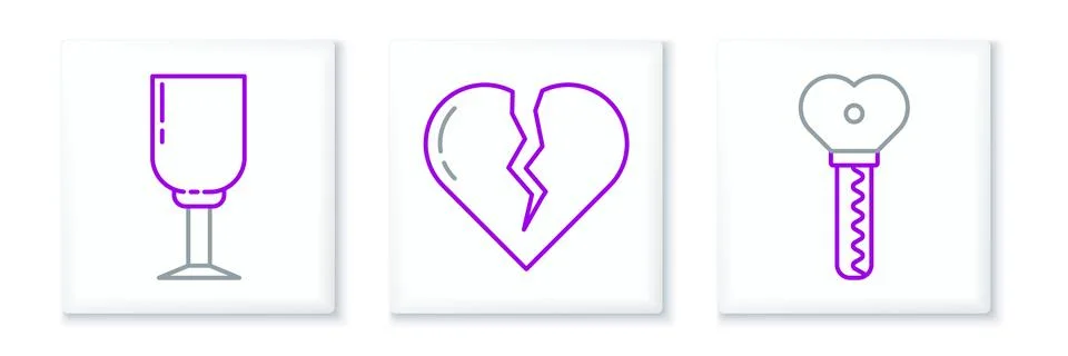 Set line Key in heart shape, Wine glass and Broken or divorce icon. Vector Ilustração Stock