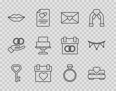 Set line Key in heart shape, Bedroom, Envelope with Valentine, Calendar, Sm.. Illustrazione stock