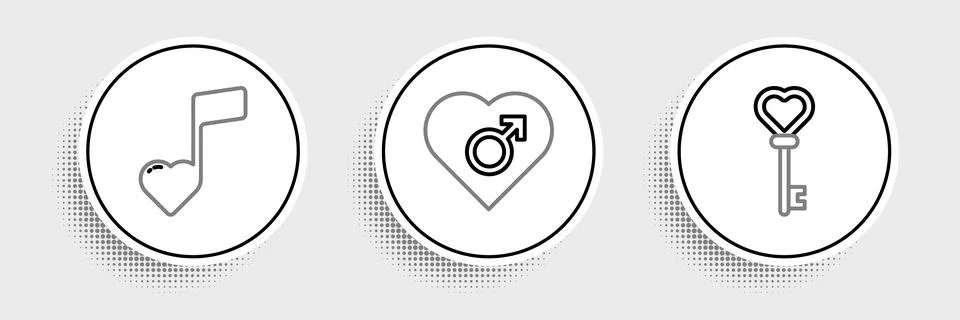 Set line Key in heart shape, Music note, tone with hearts and Heart male ge.. Stock Illustration
