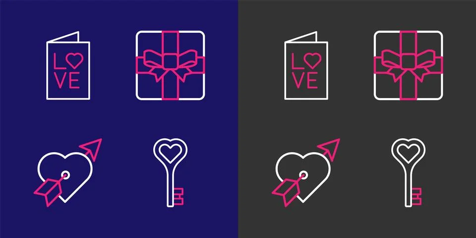 Set line Key in heart shape, Amour with and arrow, Gift box and Valentines .. Stock Illustration