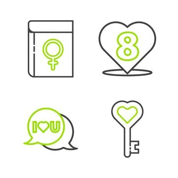 Set line Key in heart shape, Speech bubble with I love you, Heart 8 March a.. Stock Illustration