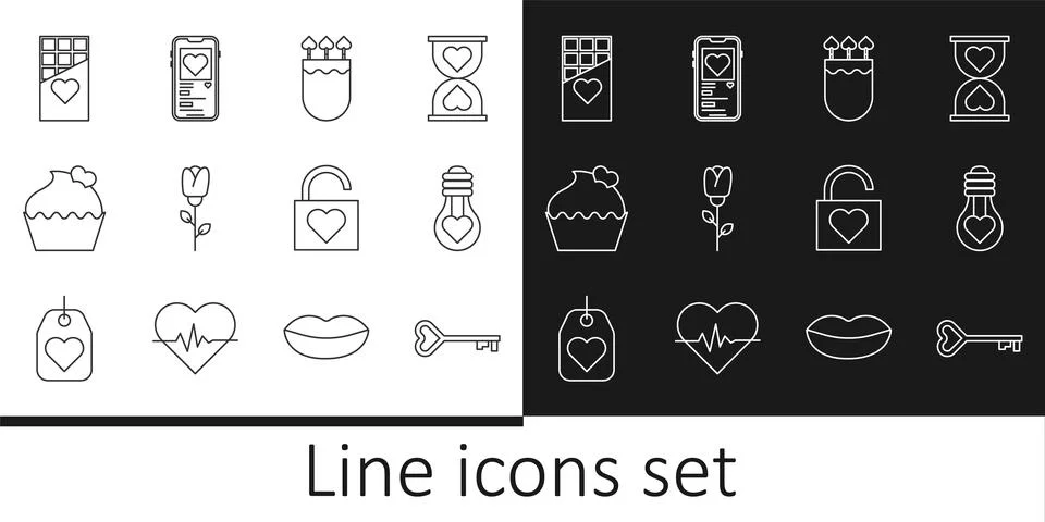 Set line Key in heart shape, Heart light bulb, Quiver and arrows with, Flow.. Stock Illustration