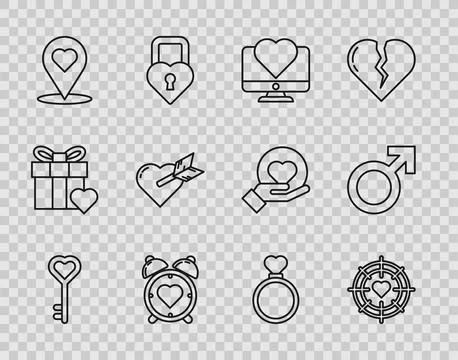 Set line Key in heart shape, Heart the center of darts target aim, Computer.. Stock Illustration
