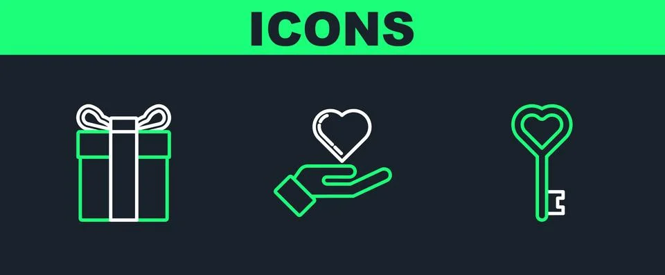 Set line Key in heart shape, Gift box and Heart on hand icon. Vector Stockillustratie
