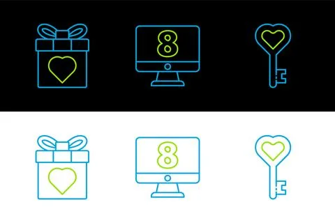 Set line Key in heart shape, Gift box and and 8 March on monitore icon. Vecto Stock Illustration