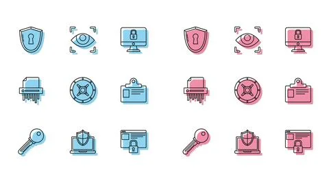 Set line Key Laptop protected with shield Shield keyhole Secure your site HTT 库存插图