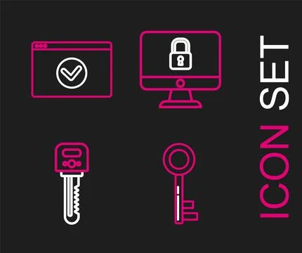 Set line Key, Lock on computer monitor screen and Secure your site with HTTPS Иллюстрация
