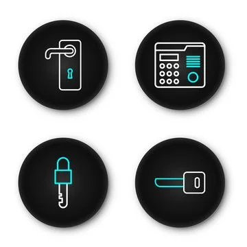 Set line Key, Locked key, House intercom system and Door handle icon. Vector Stock Illustration