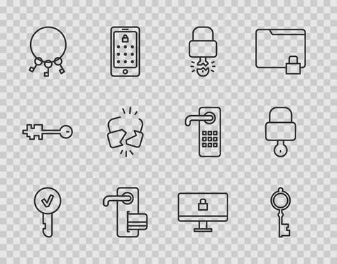Set line Key, Old key, broke inside of padlock, Digital door, Bunch keys, Broken Stock Illustration