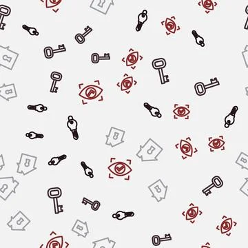 Set line Key, Old key, House under protection and Eye scan on seamless pattern Illustrazione stock