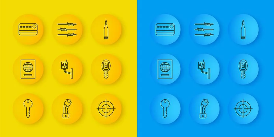 Set line Key, Passport, Security camera, Target, Car key with remote, Credi.. Stock Illustration