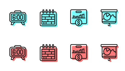 Set line Key performance indicator, Digital alarm clock, Calendar and Chalkboard Stock Illustration