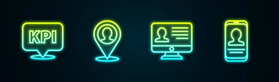 Set line Key performance indicator, Location with person, Monitor resume and Stock Illustration