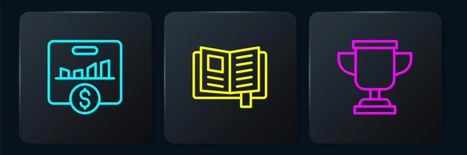 Set line Key performance indicator, Award cup and Reading book. Black square Stock Illustration