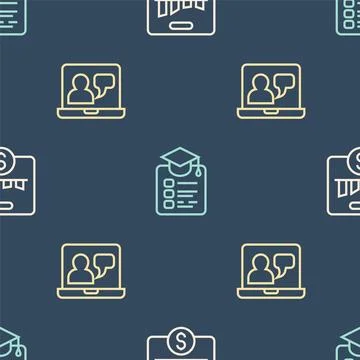 Set line Key performance indicator, Online education and on seamless pattern Stock Illustration