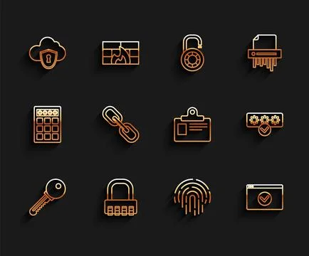 Set line Key, Safe combination lock, Cloud and shield, Fingerprint, Secure yo 库存插图