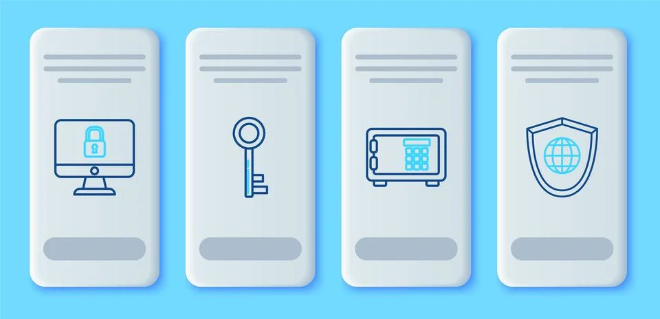Set line Key, Safe, Lock on computer monitor screen and Shield with world g.. Stock Illustration