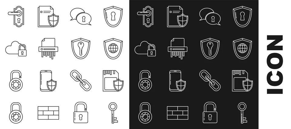 Set line Key, SD card and shield, Shield with world globe, Protection of 스톡 일러스트