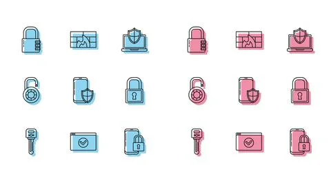 Set line Key, Secure your site with HTTPS, SSL, Safe combination lock Ilustração Stock