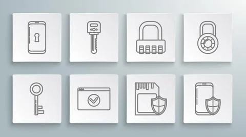 Set line Key, Secure your site with HTTPS, SSL, SD card and shield, Smartphone Иллюстрация