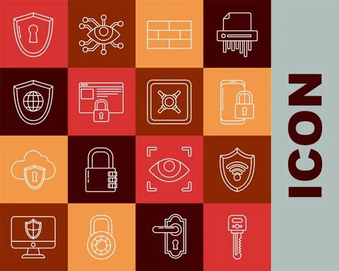 Set line Key, Shield with WiFi wireless internet network, Smartphone closed Ilustração Stock