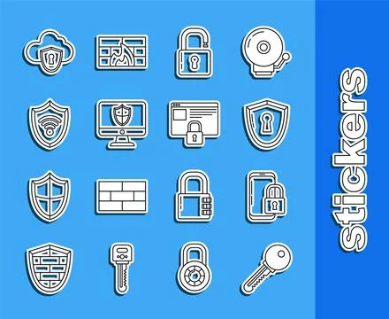 Set line Key, Smartphone with closed padlock, Shield keyhole, Open, Computer Illustration