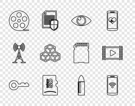 Set line Key, Smartphone with wireless, Eye, Micro SD memory card, Film ree.. Stock Illustration