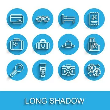 Set line Key, Sunscreen cream in tube, Credit card, Photo camera, Money exchange Illustration