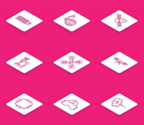 Set line Keyboard and mouse, Social network, Satellite, Microscope, Drone flying Stock Illustration