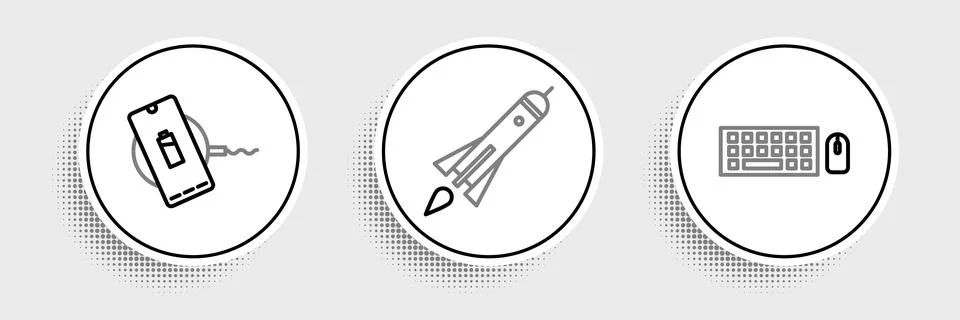 Set line Keyboard and mouse, Wireless charger and Rocket ship with fire icon Stock Illustration